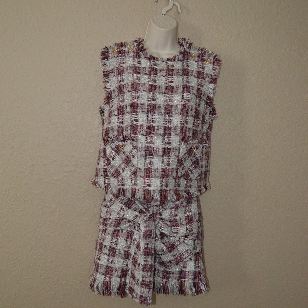 NWOT 38 4 Edward Achour Paris Tweed Sleeveless Crop Swing Top & Skirt Se…